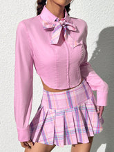 Women'S Plain Cropped Shirt & Grid Pleated Skirt Set